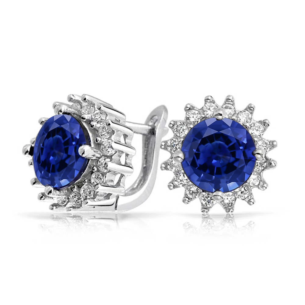 Womans Stylish Round Cut Ceylon Sapphire And Diamond Stud Gold Earring