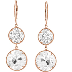 Round Cut Old Miner 7 Carats Rose Gold 2 Stone Diamond Drop Earrings