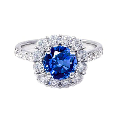 Round Cut Sri Lanka Sapphire Natural Earth Mined Diamond Ring Gold 14K 1.50 Carats