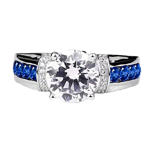 Round Natural Earth Mined Diamond Accented Blue Sapphire Stones Ring 3 Carats