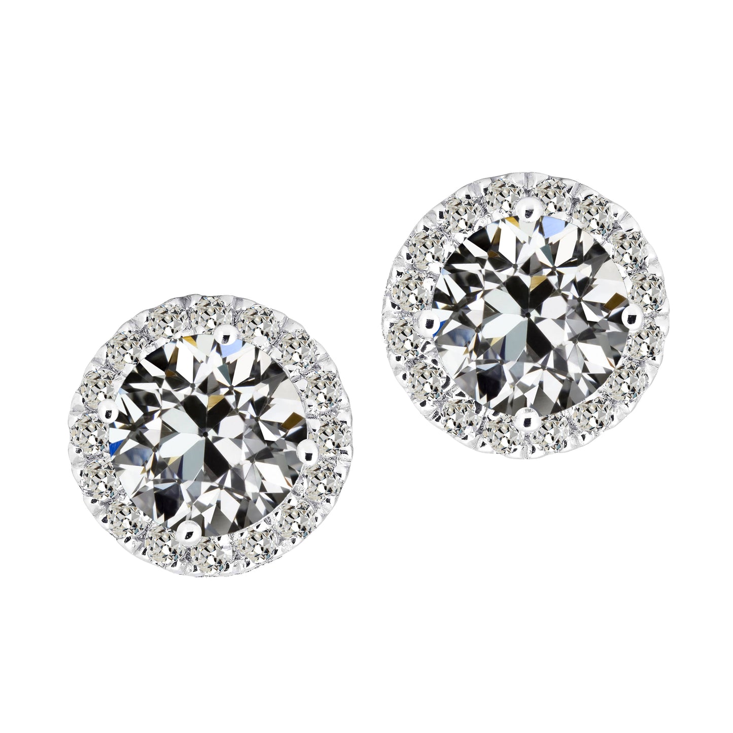 Round Diamond Halo Old Mine Cut Stud Earrings 5 Carats Jewelry