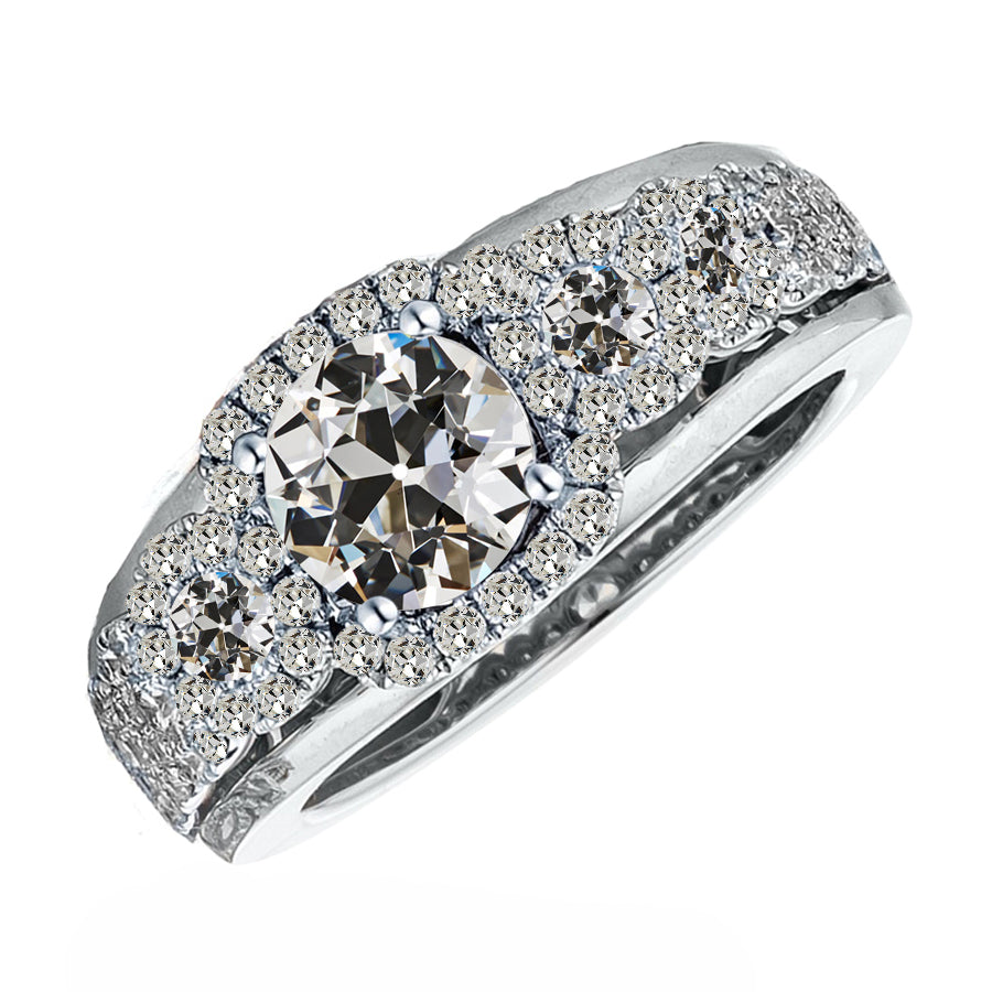 Round Diamond Old Cut 4 Prong Halo Engagement Ring 4 Carats