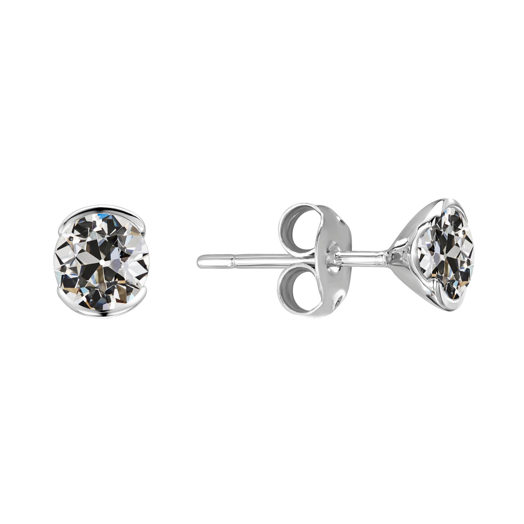 Round Diamond Old European Stud Earrings Half Bezel Set 2 Carats