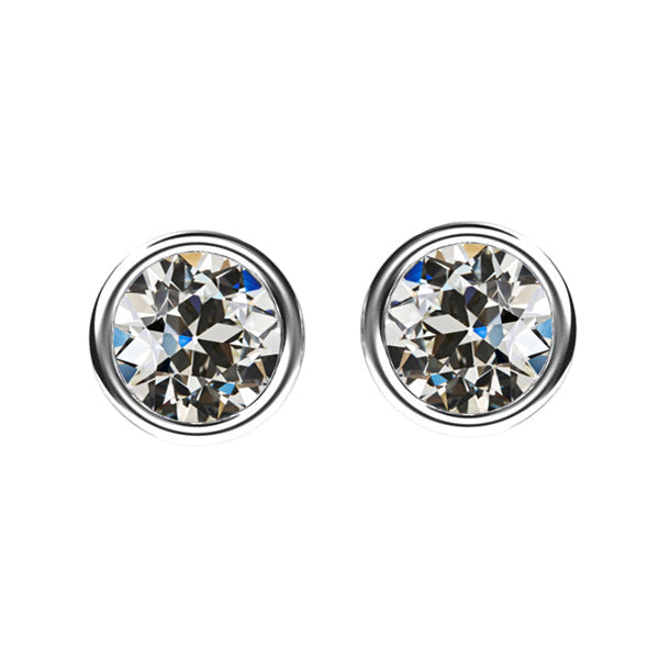 Diamond Stud Earrings Bezel Round Old Mine Cut 4 Carats