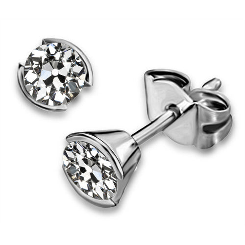 Round Diamond Old Mine Cut Stud Earrings Half Bezel Set 3 Carats