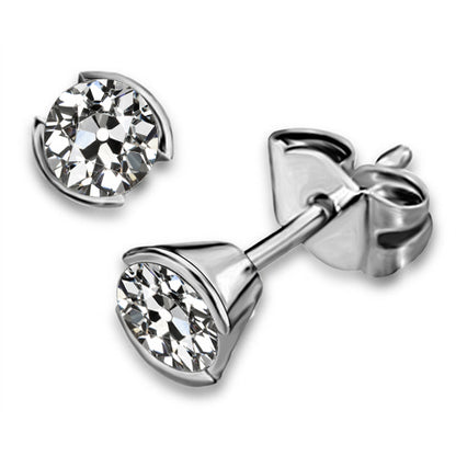 Round Diamond Old Mine Cut Stud Earrings Half Bezel Set 3 Carats