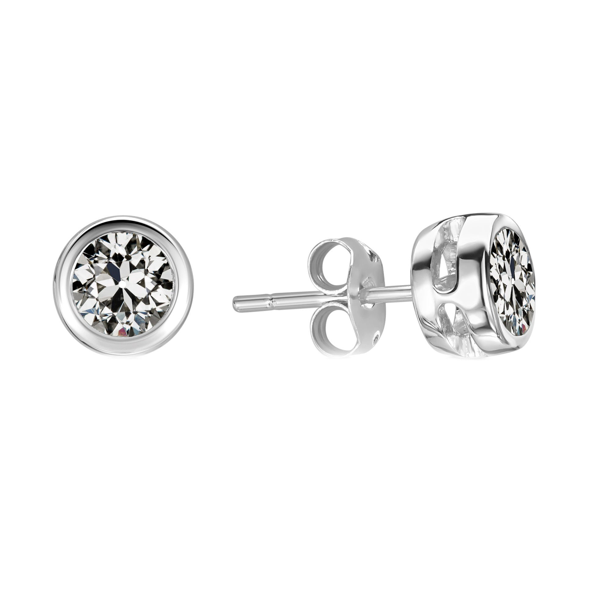 2 Carats Round Diamond Old Miner Stud Earrings Bezel Set 14K Gold