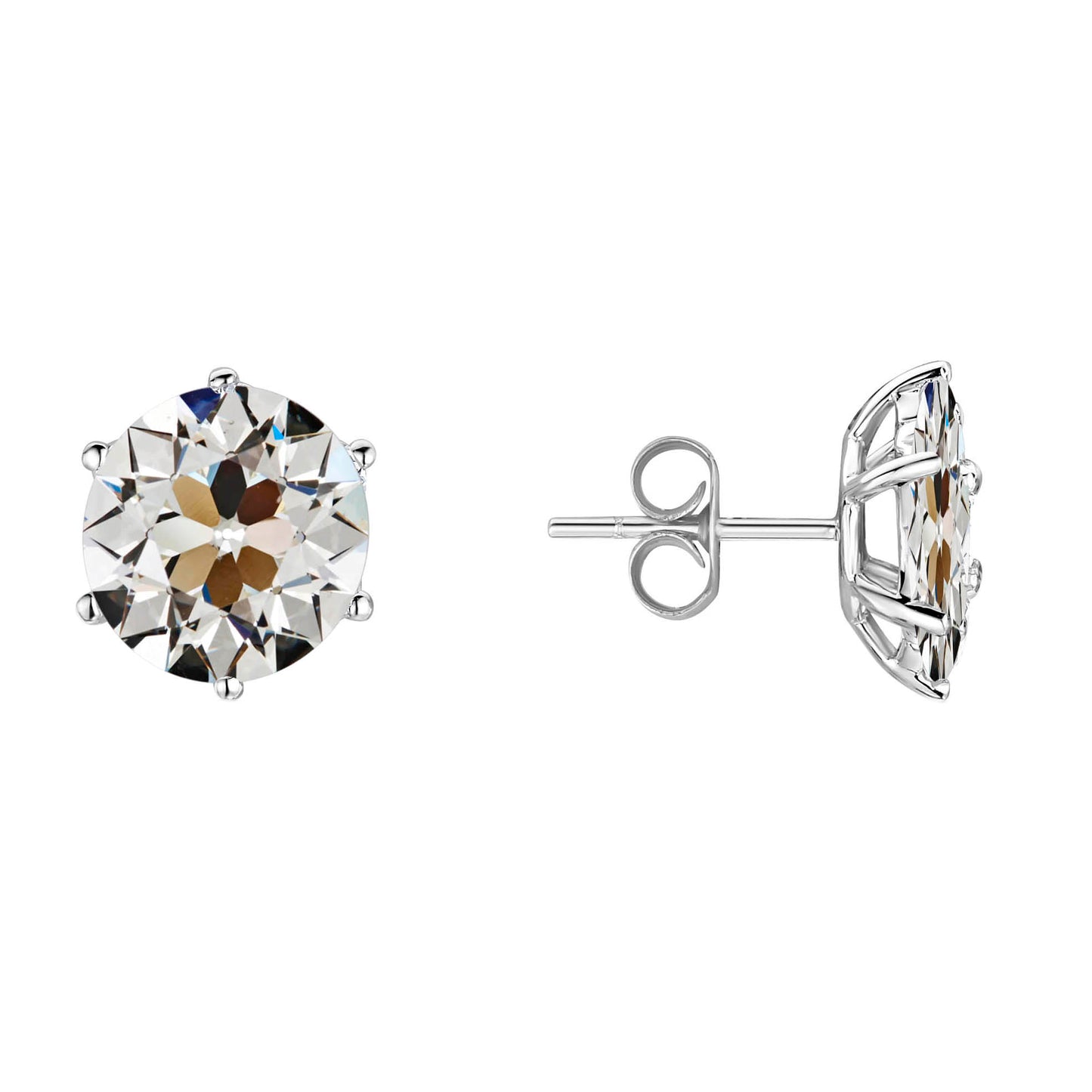 Round Diamond Solitaire Old Cut Stud Earrings 6 Prong Set 4 Carats