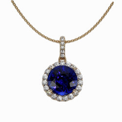 Round Natural Earth Mined Diamond & Blue Sapphire Halo Pendant Yellow Gold 3.50 Carats