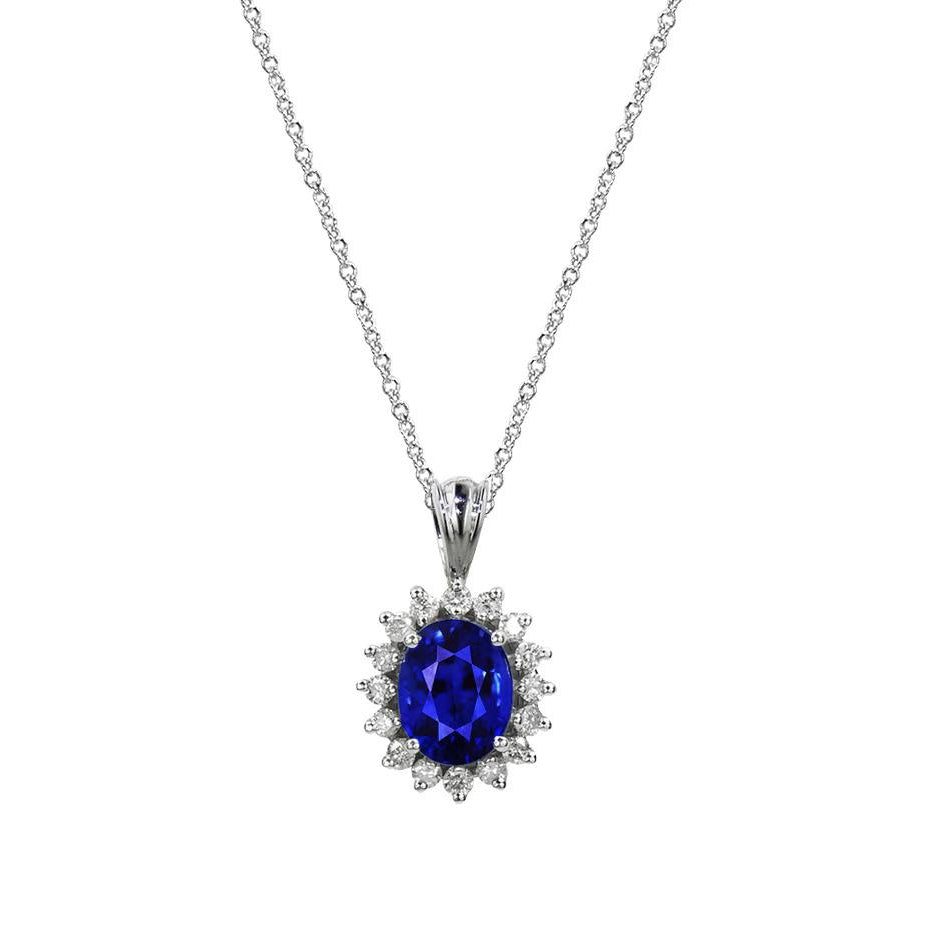 Round Diamond & Oval Ceylon Sapphire Halo Pendant & Chain