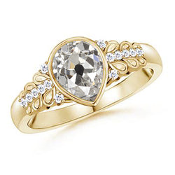 Round Diamond & Pear Old Cut Ring Leaf Style Gold Jewelry 2 Carats