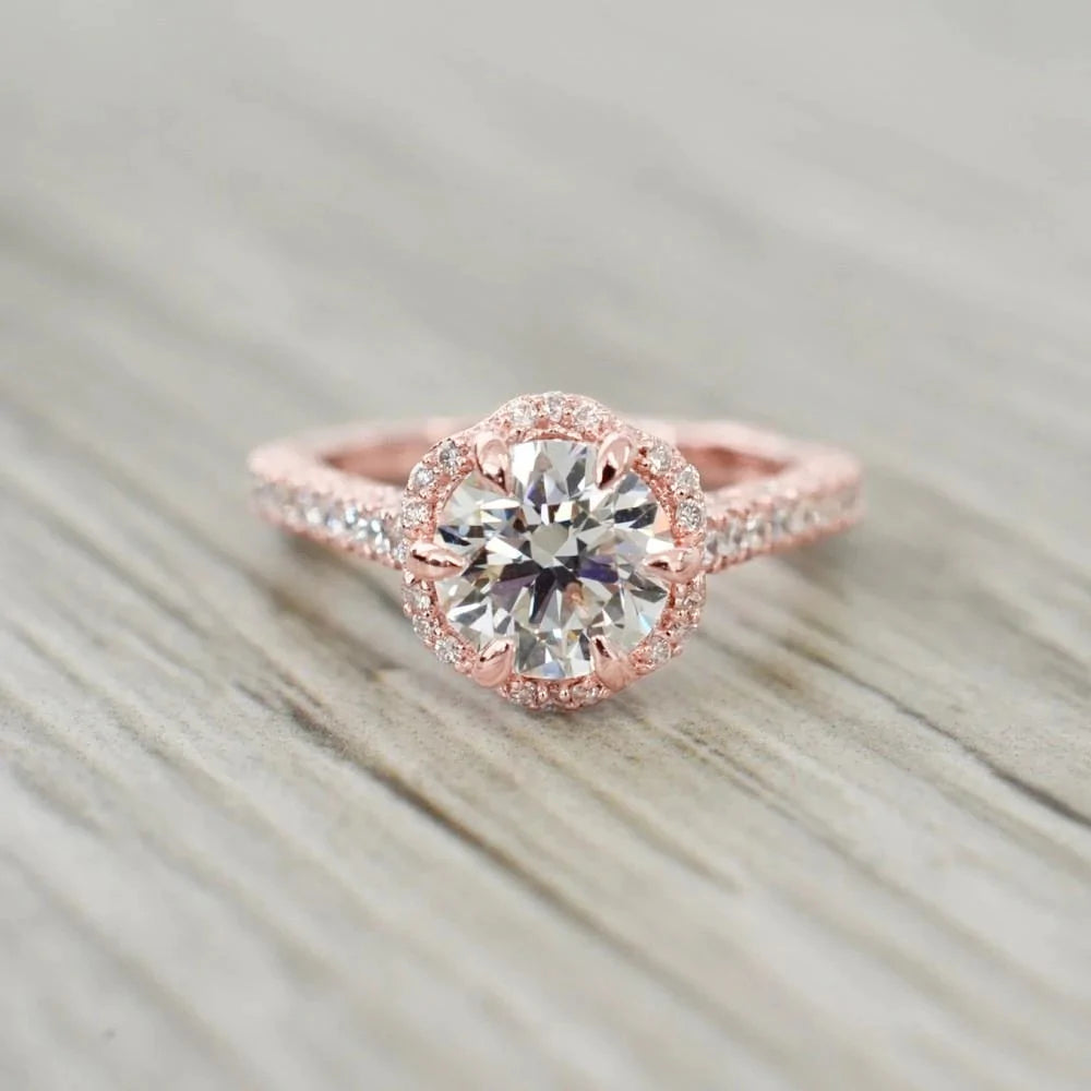 Round Eagle Claw Prongs Halo Diamond Ring Fine Jewelry 14K Rose Gold