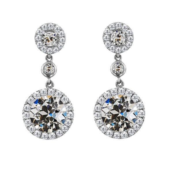 Round Halo Diamond Old Mine Cut Drop Earrings 3 Carats 14K Gold