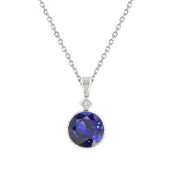 Round Natural Blue Sapphire & Diamond Pendant 2 Stones 1.75 Carats