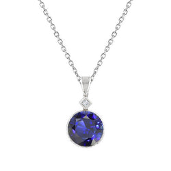 Round Blue Sapphire & Natural Earth Mined Diamond Pendant 2 Stones 1.75 Carats