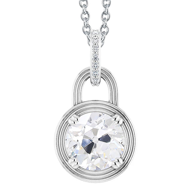 Old Miner Cut Diamond Pendant Lock Style White Gold