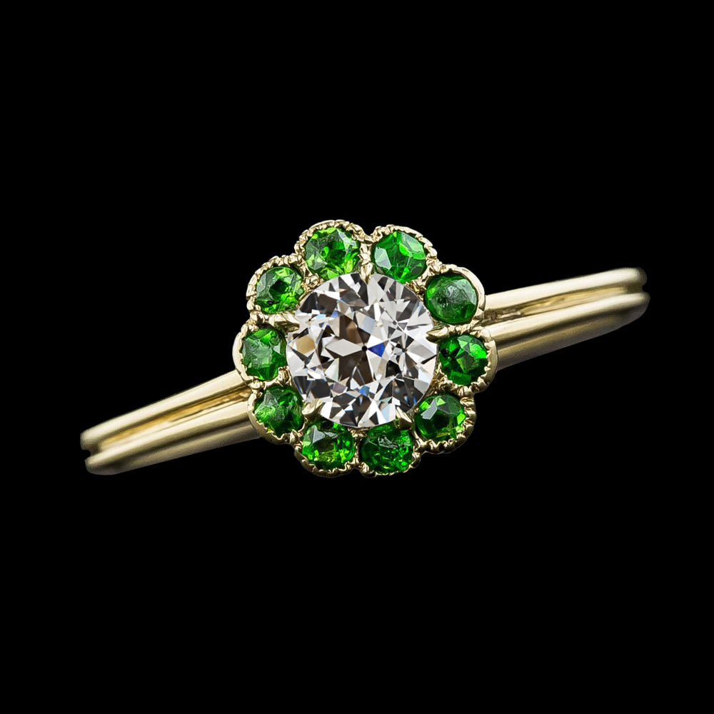 Round Old Miner Diamond & Green Sapphire Halo Ring