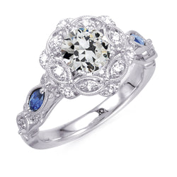 Real  Round Old Cut Diamond & Marquise Sapphires Ring 4.50 Carats Milgrain
