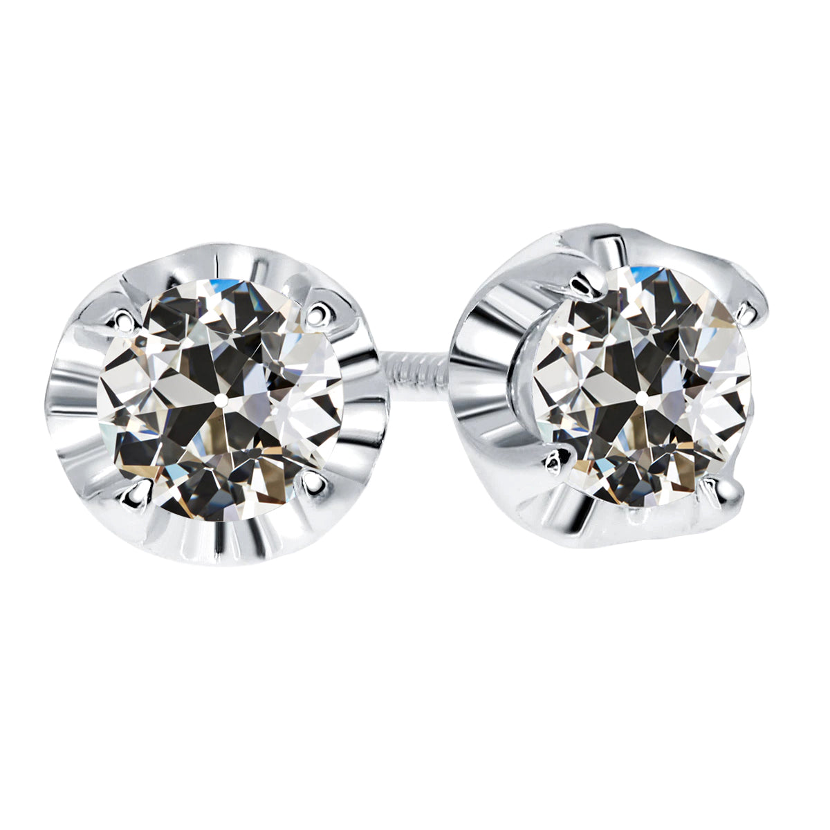 Round Old European Diamond Stud Earrings Screw Back 5 Carats