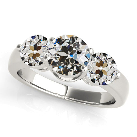Round Old Mine Cut Diamond 3 Stone Ring