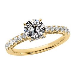 Real  Round Old Mine Cut Diamond Ring Fishtail Set Jewelry 3 Carats Yellow Gold