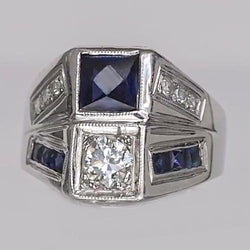 Real Round Old Mine Cut Natural Earth Mined Diamond Ring & Princess Blue Sapphire 3.75 Carats