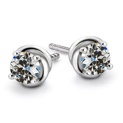 Round Old Mine Cut Real Diamond Stud Earring Twisted 4 Prong Set 3 Carats