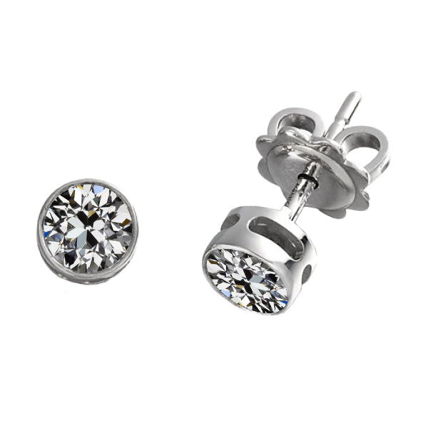 Round Old Mine Cut Diamond Stud Earrings Basket Style 3 Carats