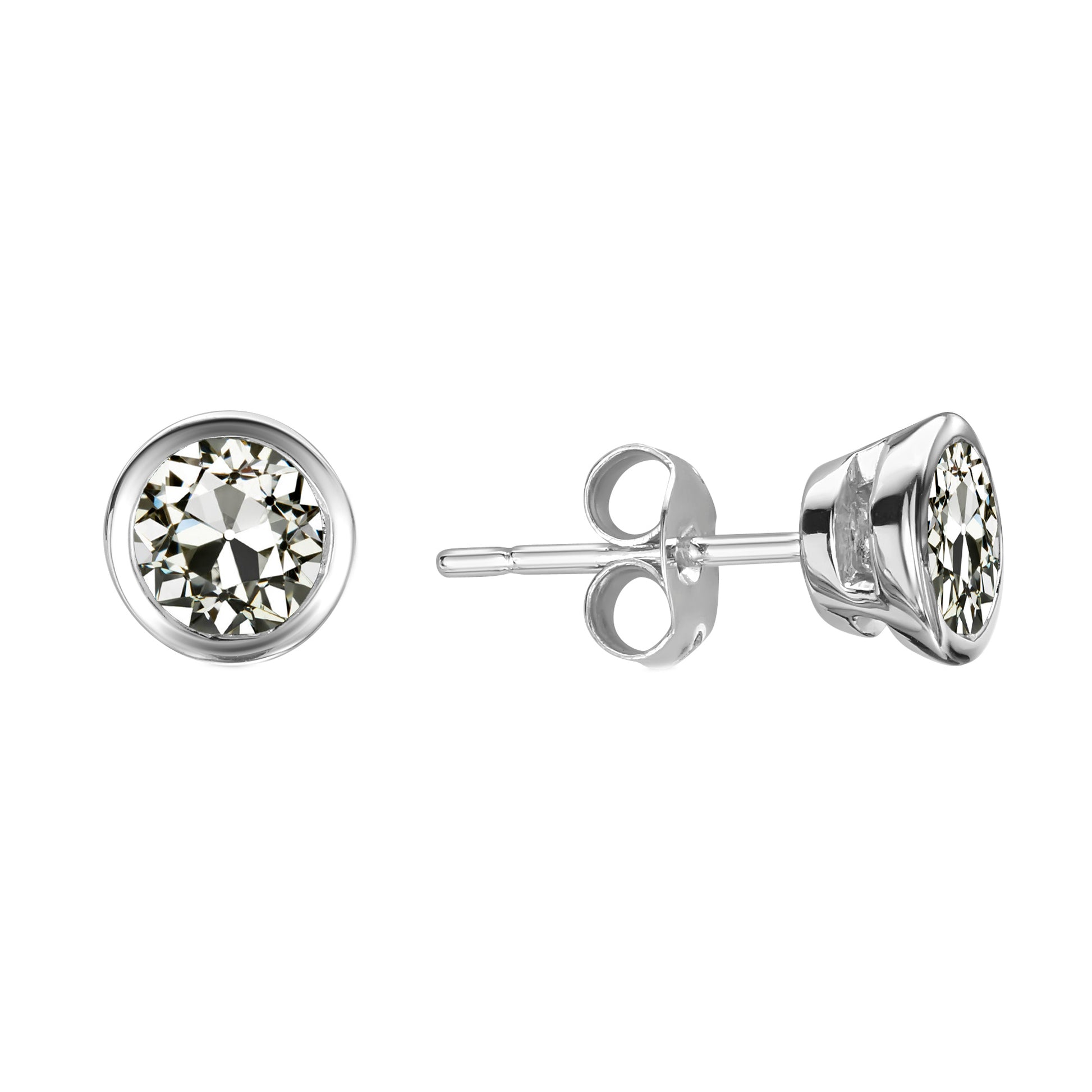 Round Old Mine Cut Diamond Stud Earrings Bezel Basket Style 2 Carats