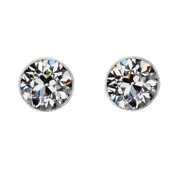 Round Old Mine Cut Natural Diamond Stud Earrings Bezel Set Gold 4 Carats