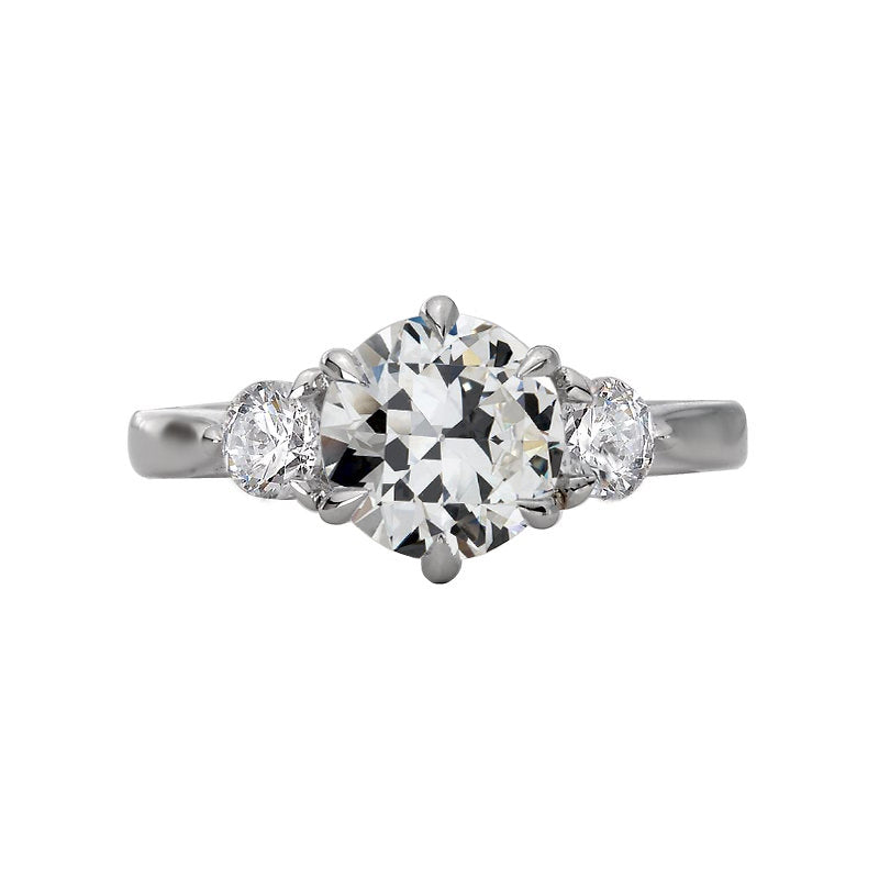 Round Old Mine Cut Diamond Three Stone Ring