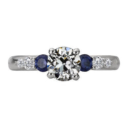 Genuine   Round Old Mine Cut Diamond & Blue Sapphire Anniversary Ring 5 Carats