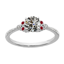 Genuine   Round Old Mine Cut Diamond & Ruby Lady’s Ring White Gold 3 Carats
