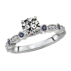 Genuine Round Old Mine Cut Natural Earth Mined Diamond & Sri Lankan Sapphires Ring 3.50 Carats