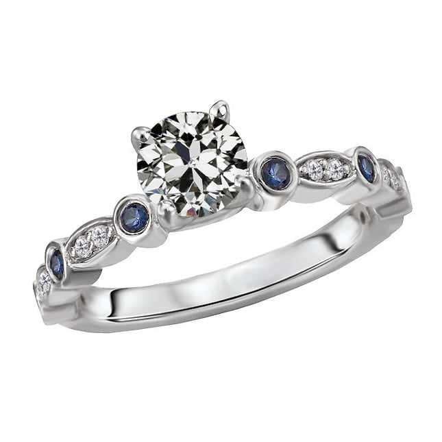  Lady’s Unique Style White Sparkling Weeding Engagement White gold  Old Mine Cut Diamond & Sri Lankan Sapphires Ring