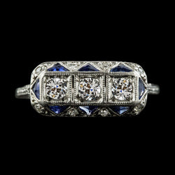 Round Old Mine Cut Natural Earth Mined Diamond & Trillion Sapphire Gemstone Ring 4 Carats