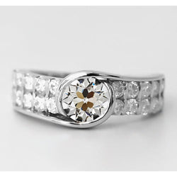 Natural 3 Carats Round Old Mine Cut Half Bezel Set Real Diamond Ring 14K White Gold