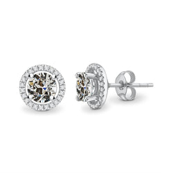 Round Old Mine Cut Halo Real Diamond Stud Earrings Prong Set 4 Carats