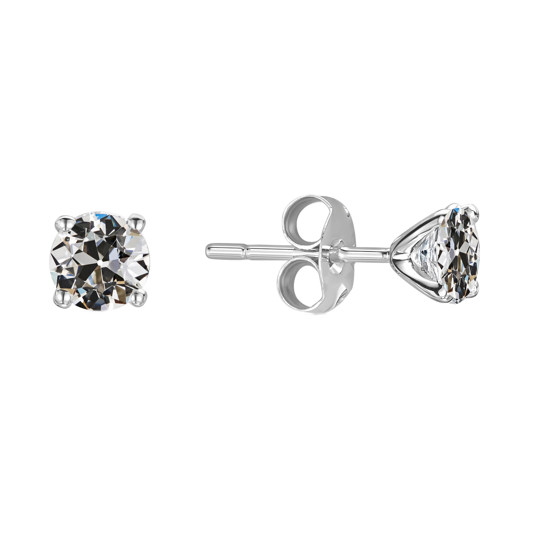 Round Old Mine Cut Solitaire Diamond Stud Earrings 2 Carats