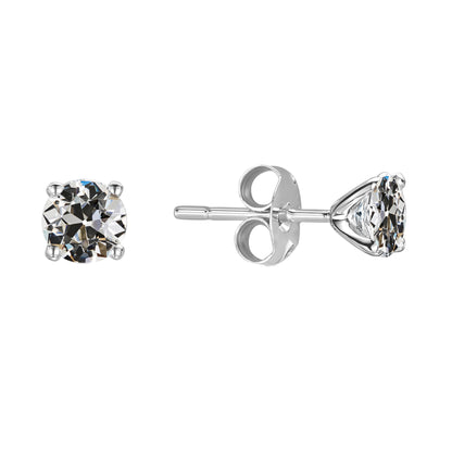 Round Old Mine Cut Solitaire Diamond Stud Earrings 2 Carats