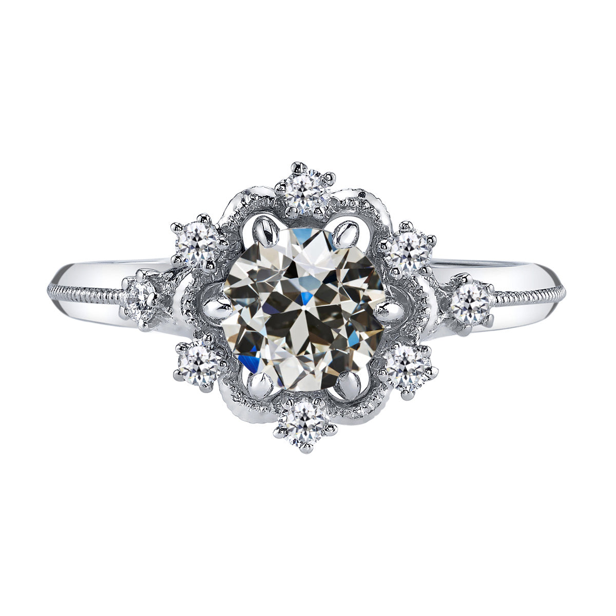 Round Old Miner Diamond 6 Prong Wedding Ring Flower Style 2.50 Carats