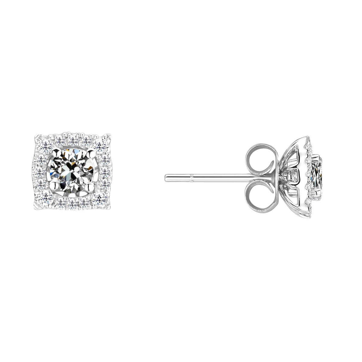 Round Old Miner Diamond Halo Stud Earrings Basket Style 3 Carats