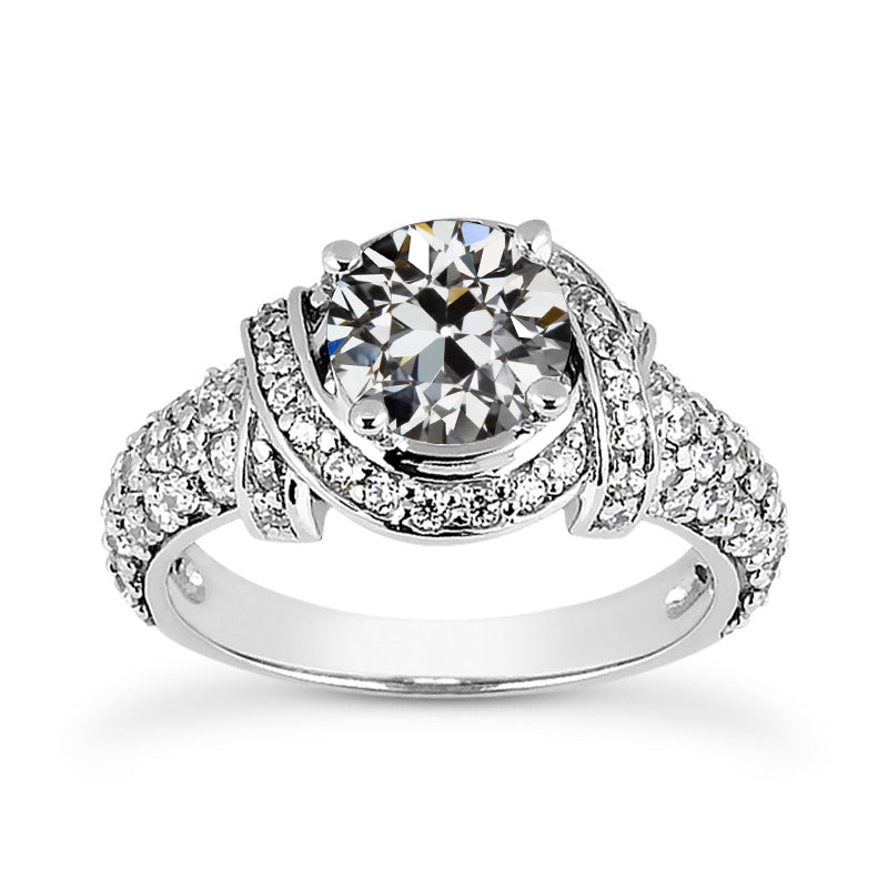 White Gold Anniversary Ladies Old Miner Cut Diamond Ring Multi Row Accents