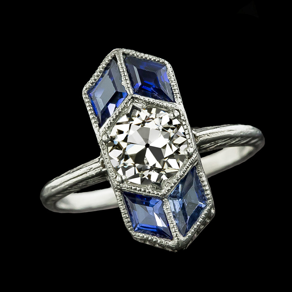 Round Old Miner Diamond Ring Baguette Blue Sapphires