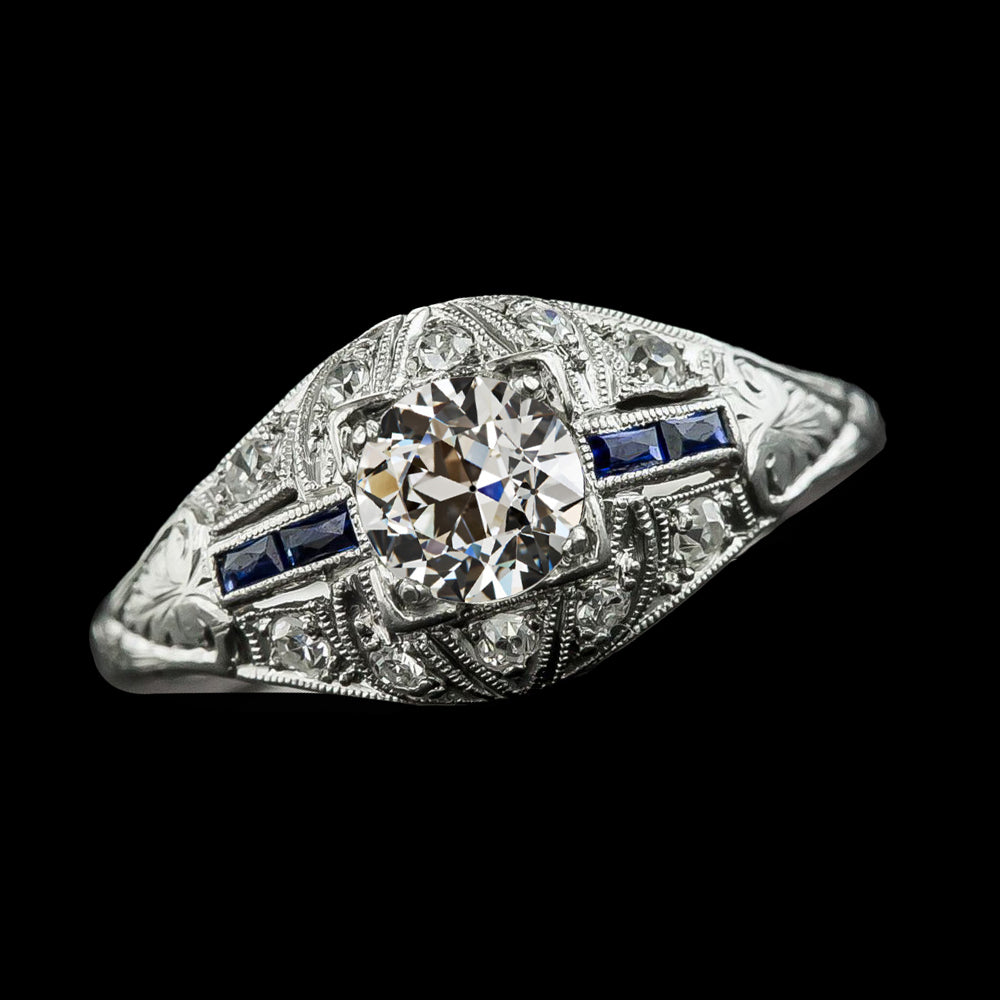 Round Old Miner Diamond Sapphire Antique Milgrain Shank Ring 