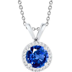 Round Sapphire Jewelry Natural Earth Mined Diamond Halo Pendant Solid Gold 14K 2 Carats