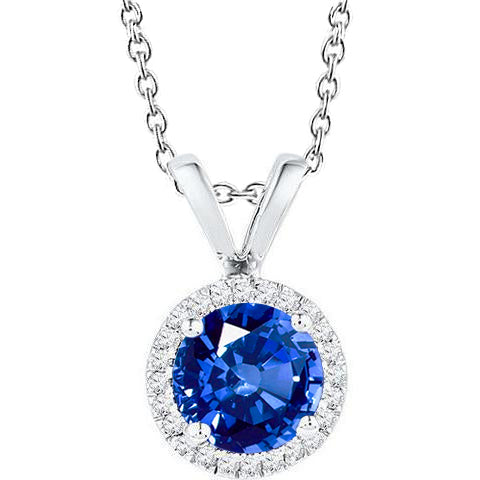 Round Sapphire Jewelry Natural Earth Mined Diamond Halo Pendant Solid Gold 14K 2 Carats