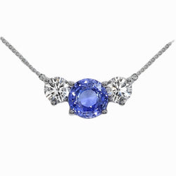 Round Sapphire & Natural Earth Mined Diamond 3 Stone Pendant Necklace 3.50 Carats