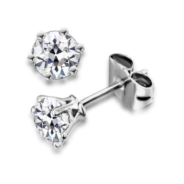 Round Solitaire Old Cut Diamond Stud Earrings 6 Prong Set 3 Carats