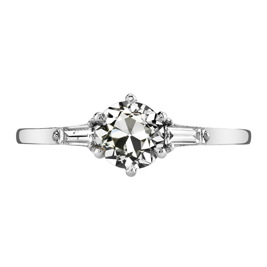 2.50 Carats Round & Baguettes Old Cut Diamond Three Stone Wedding Ring